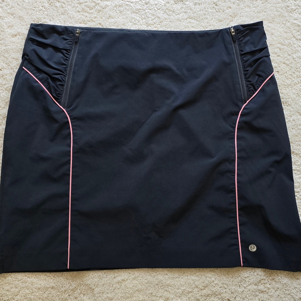 EP Sport Deep Gray Golf Skort Sz 10 Stretch Pink Piping Ruching Zip Accent Skirt
